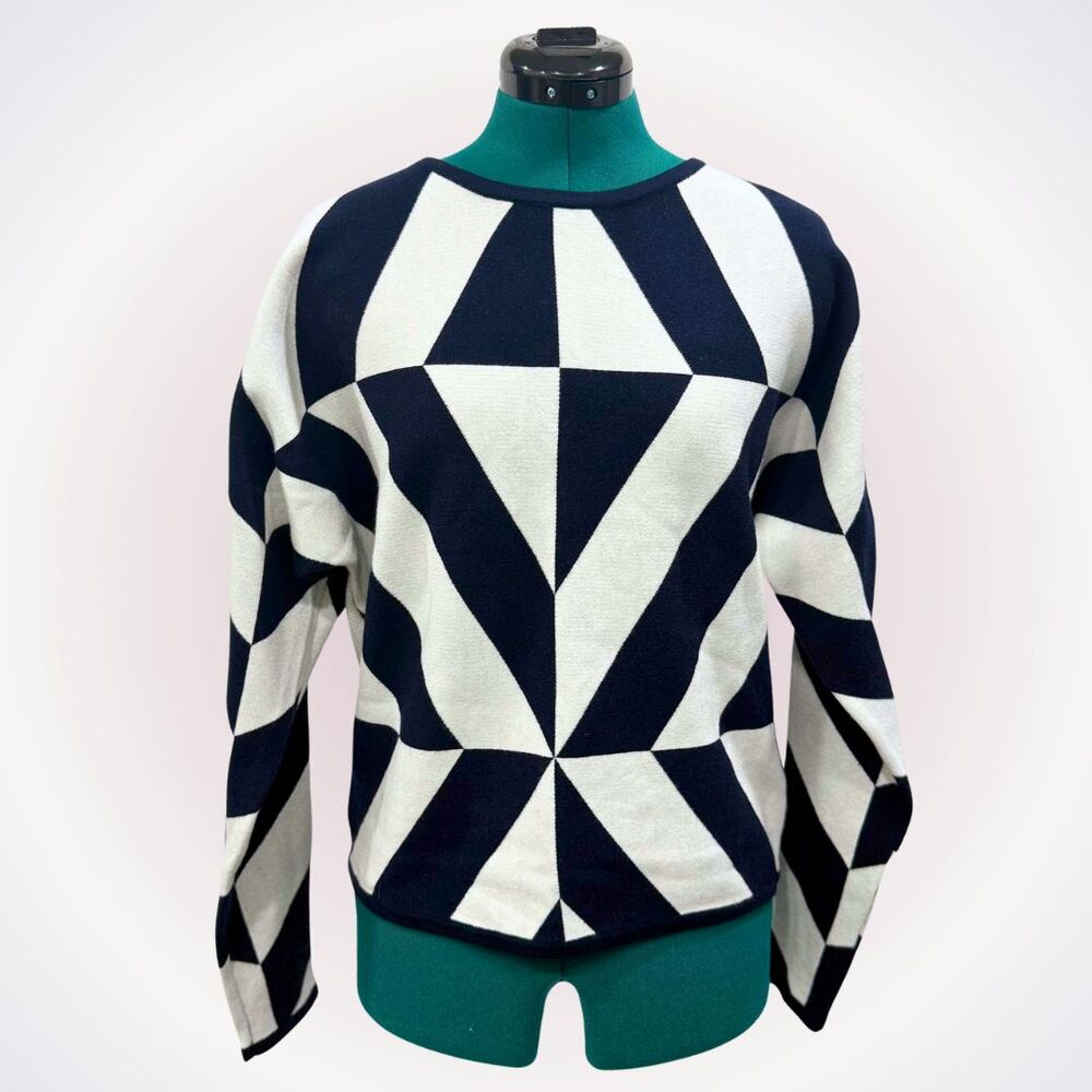 Tahari Blue and White Abstract Print Sweater | Sz S, NWT